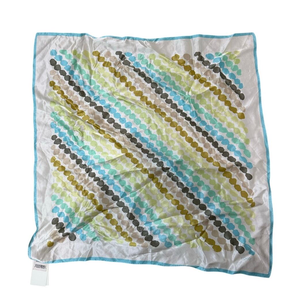 Vintage ECHO Design 100% Silk Lime Green Blue Edge Square Fashion Scarf Ascot